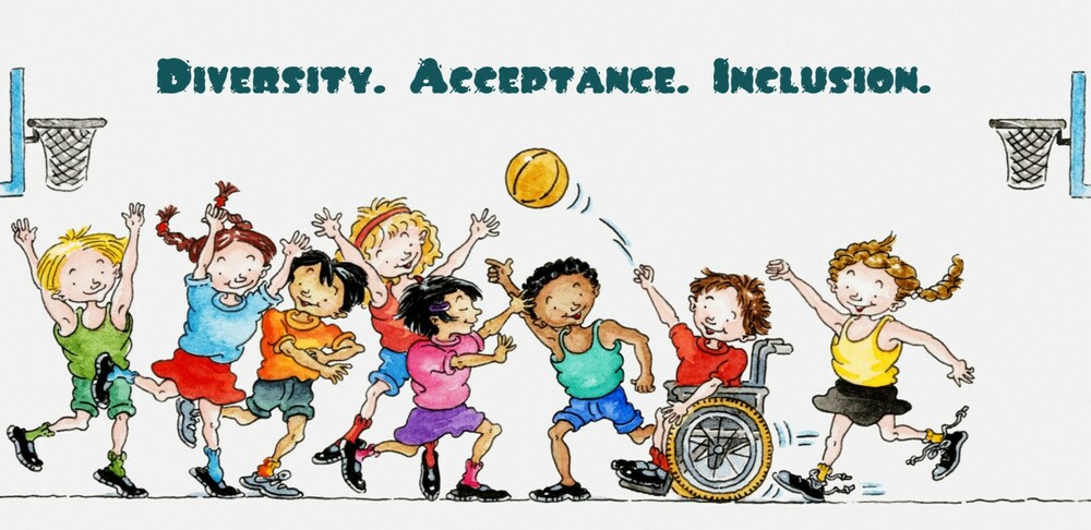 group of kids playing basketball with "diversity, acceptance, inclusion" written on it.